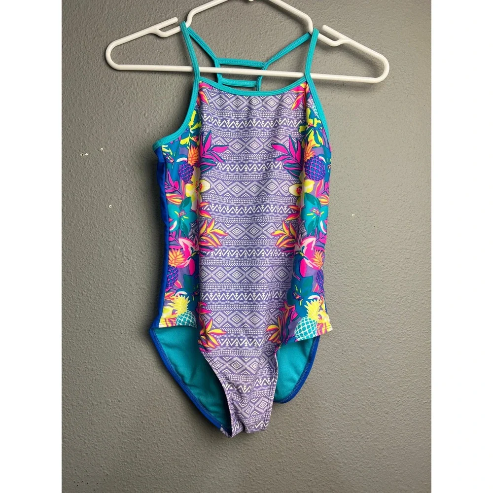 Wonder Nation Girls L 10-12 One Piece Swimsuit Tropical Pineapple Cobalt Crush